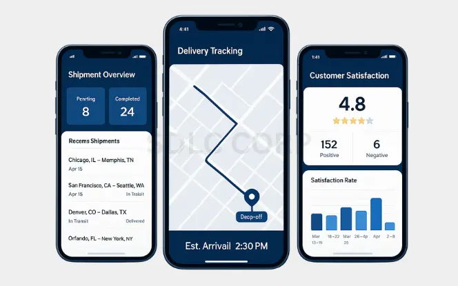 Why Develop a Shipping App? Three mobile screens displaying a shipping app's key features: shipment overview with status counts, live delivery tracking with estimated arrival, and customer satisfaction analytics with ratings and chart.