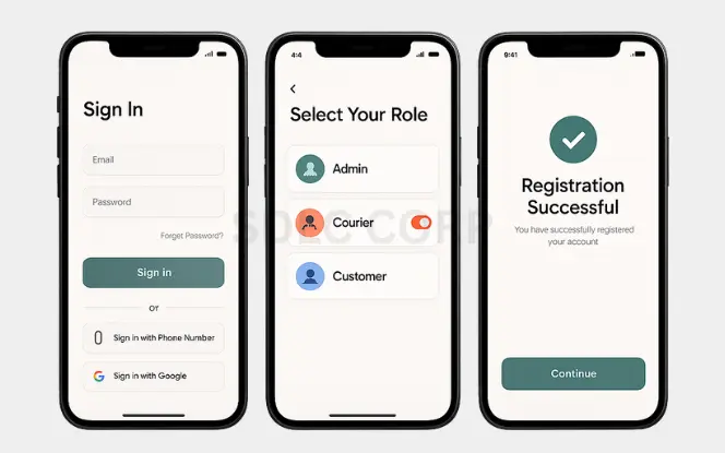 Core Features of a Shipping App Like Unship Three mobile screens showing core features of a shipping app: sign-in with email or Google, user role selection for admin, courier, or customer, and registration success confirmation.