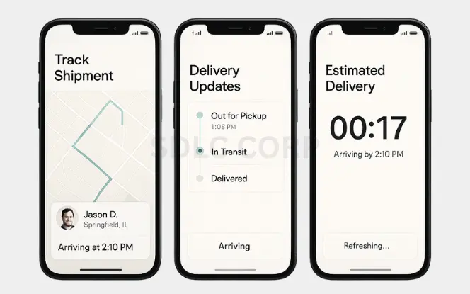 Core Features of a Shipping App Like Unship Three mobile screens showing real-time shipment tracking, delivery status updates including in transit and out for pickup, and a countdown timer for estimated delivery time.