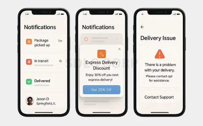 Core Features of a Shipping App Like Unship Three mobile screens showing shipping app features: real-time delivery notifications, express delivery discount popup, and a delivery issue alert with support contact option.