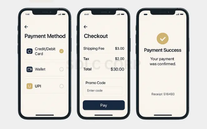 Core Features of a Shipping App Like Unship Three mobile screens showing payment workflow in a shipping app: selecting payment method, entering checkout details with shipping and tax, and final payment success confirmation.