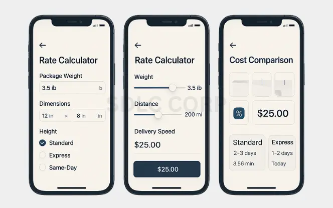 Core Features of a Shipping App Like Unship Three mobile screens displaying shipping rate calculator features including package weight and size input, distance-based delivery cost, and a cost comparison of standard, express, and same-day options.