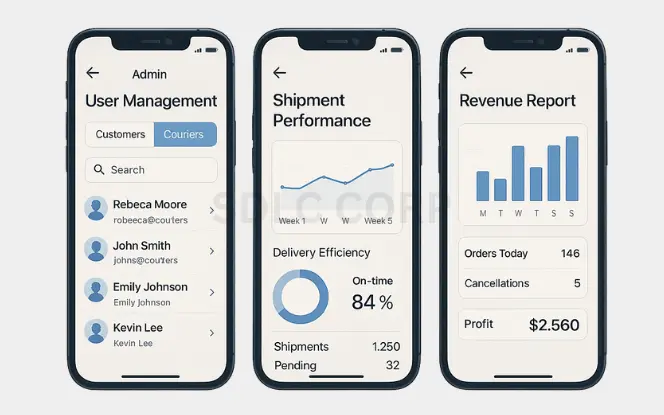 Core Features of a Shipping App Like Unship Three mobile screens highlighting admin features of a shipping app: user management for couriers and customers, shipment performance analytics with delivery efficiency, and a revenue report with order, cancellation, and profit data.