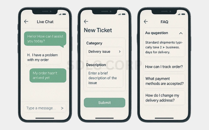 Core Features of a Shipping App Like Unship Three mobile screens showing customer support features in a shipping app: live chat assistance, new support ticket submission form, and a FAQ section with common shipment-related questions.