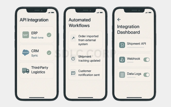 Core Features of a Shipping App Like Unship Three mobile screens showcasing integration features in a shipping app: API integration with ERP, CRM, and logistics tools, automated workflows for order and shipment tracking, and an integration dashboard with toggles for webhooks and data logs.