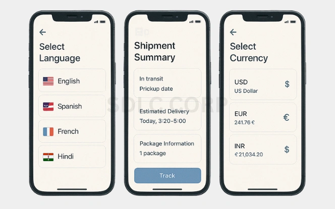 Core Features of a Shipping App Like Unship Three mobile screens displaying localization features in a shipping app: language selection with flags, a shipment summary screen showing delivery details, and currency selection options including USD, EUR, and INR.