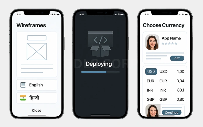 Development Process Overview Three mobile screens showing app wireframes, deployment in progress, and currency selection UI as part of the development process.