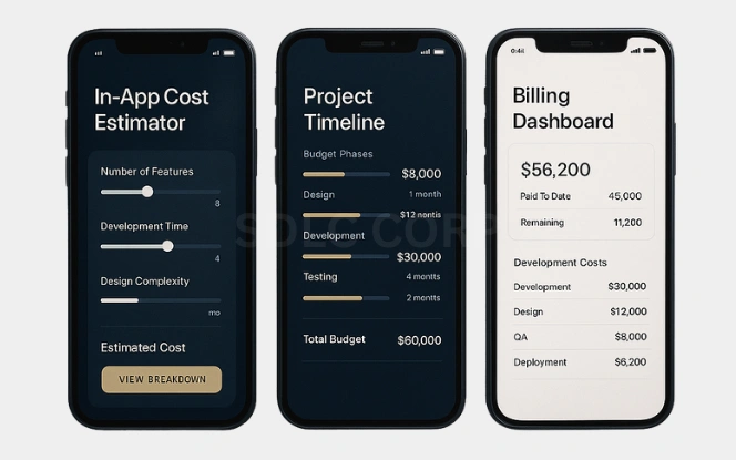 Cost Breakdown by Component Three mobile screens showing cost estimator sliders, project timeline by phases, and a billing dashboard with budget details.