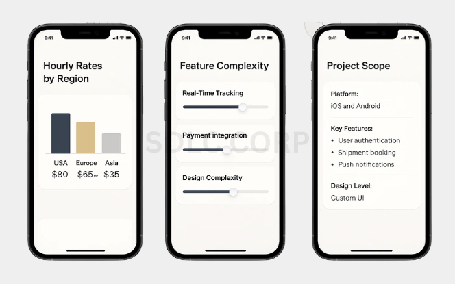 Factors Influencing Shipping App Development Cost Three mobile screens showing hourly rates by region, feature complexity sliders, and project scope with platform and key features.