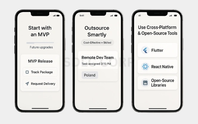 How to Optimize Development Costs Three mobile screens illustrating cost-saving strategies: starting with an MVP, outsourcing to skilled remote teams, and using cross-platform and open-source tools like Flutter and React Native.
