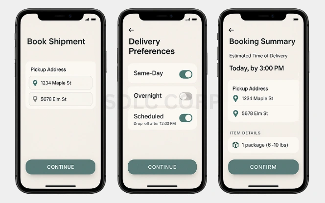 Core Features of a Shipping App Like Unship Three mobile screens showing core shipping app features: address input with map integration, delivery preferences like same-day or scheduled, and a booking summary with estimated delivery time and package details.