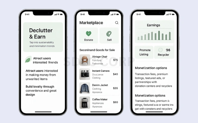 Three smartphone screens showing Declutter app sales dashboard, user profile, and eco-friendly achievement badges
