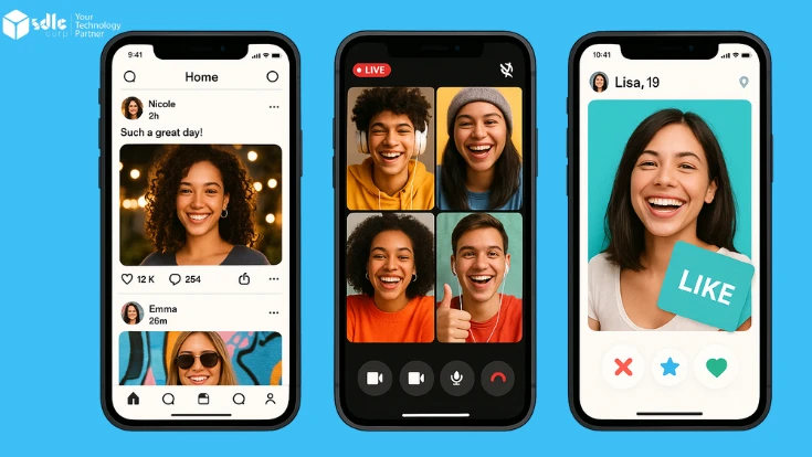 UI of a social connect app like Yubo showing friend matching, live video chat, and interactive features