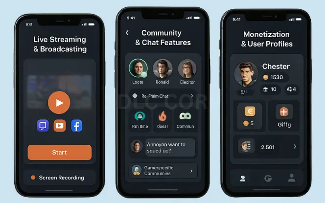 Understanding Omlet Arcade: A Benchmark for Live Streaming Apps Three mobile screens showing live streaming, gaming chat rooms, and monetization dashboard inspired by Omlet Arcade