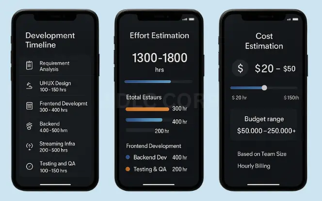 Development Phases and Time Estimation Timeline illustration of app development phases including design, frontend, backend, testing, and deployment with estimated hours