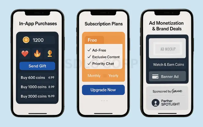 Monetization Strategies Visual of app monetization methods including in-app purchases, subscriptions, ads, and brand partnerships