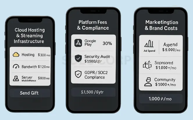 Hidden and Ongoing Costs Illustration showing hidden and recurring costs in app development like hosting, maintenance, support, and compliance