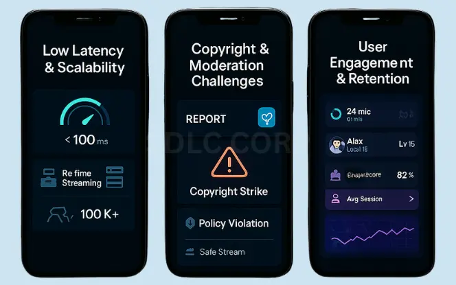 Challenges in Developing a Game Streaming App Graphic highlighting challenges in game streaming app development like low latency, high concurrency, moderation, and copyright compliance