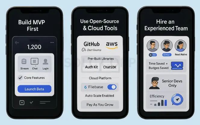 Tips to Optimize Development Cost Visual showing tips to reduce app development cost such as MVP approach, open-source tools, cloud services, and experienced developers