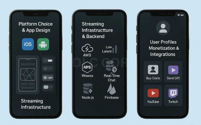 Core Components That Influence Development Cost Visual breakdown of app development cost factors including UI design, backend, streaming, and platform choice