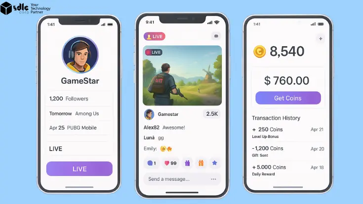 Illustration showing three mobile screens with live streaming app features, representing cost factors and stages in developing a platform like Omlet Arcade.