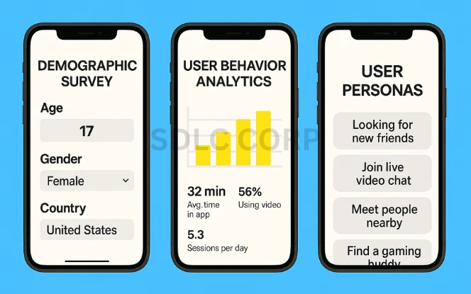 Three smartphone screens visually representing market research and user targeting strategies. The first screen displays a clean demographic survey interface with labeled input fields for age, gender, and country selection. The second screen shows user behavior analytics including a bar chart, usage metrics, and session duration insights. The third screen highlights user personas with illustrated avatars and motivation tags such as 'Looking for new friends' and 'Join live video chat,' presented in a modern UI layout with soft color schemes and rounded elements.