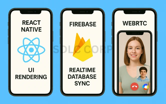Three smartphone screens demonstrating key technologies in a mobile app's tech stack. The first screen features the React Native logo with a labeled interface section reading 'UI Rendering,' showcasing layout components like buttons and lists. The second screen highlights Firebase with a bright yellow flame logo and a screen showing real-time database sync notifications and live updates of user data. The third screen displays a live video chat interface between two users, overlaid with a WebRTC badge, illustrating real-time peer-to-peer communication with audio and video stream icons. The image uses a clean, modern design with clear branding and color-coded sections for each technology.