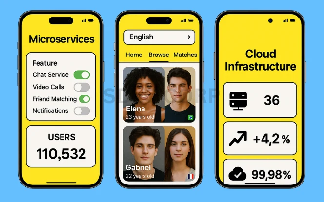 Three smartphone screens representing strategies for app scaling and future growth. The first screen displays a microservices dashboard with feature toggles labeled 'Chat', 'Video', and 'Notifications', each with on/off switches that allow independent deployment and control. The second screen shows a localized app interface with a language selector dropdown in the corner, and translated UI content demonstrating multilingual support for global users. The third screen presents a cloud infrastructure dashboard with real-time system health data including uptime percentages, server response time graphs, and a map showing regional traffic distribution, reflecting scalability and backend monitoring. Each screen is professionally designed with modern, functional UI components.