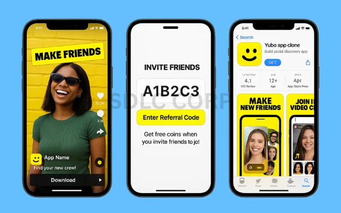 Three smartphone screens showcasing marketing and user acquisition strategies for a social discovery app. The first screen displays a TikTok-style short video ad with vertical layout, bold text overlays like 'Make Friends Fast,' and eye-catching animations designed to engage Gen Z users on social platforms. The second screen features a referral code input interface with a clean design, where users are prompted to enter a friend’s code to unlock bonus coins or features, encouraging viral user growth. The third screen presents an App Store preview with the app title 'Yubo app clone,' a subtitle reading 'Build social discovery app,' user ratings, and preview screenshots that highlight core features. The layout emphasizes conversion, discoverability, and incentivized growth.