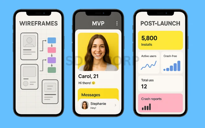 Three smartphone screens illustrating the phases of mobile app development. The first screen shows a digital whiteboard interface filled with wireframes, arrows, and flow diagrams, representing early planning, user journey mapping, and screen navigation structure. The second screen features a minimal MVP (Minimum Viable Product) interface with basic profile elements such as a circular avatar, username, and a simplified chat window with conversation bubbles, indicating initial feature implementation. The third screen displays a post-launch analytics dashboard with performance metrics including daily installs, crash reports, and user retention graphs, emphasizing real-time monitoring and app health. The layout is clean, modern, and purposefully staged to reflect progress across development phases.