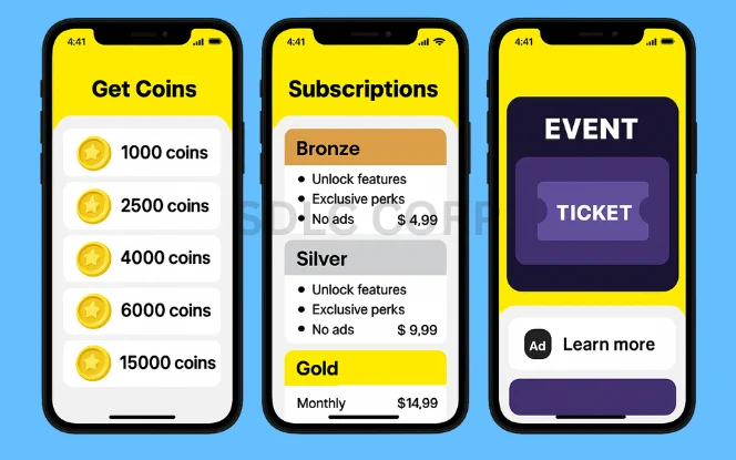 Three smartphone screens presenting different monetization strategies for a mobile app. The first screen displays in-app purchases with colorful coin pack options such as 100 coins for $0.99, 500 coins for $4.99, and 1000 coins for $7.99, each accompanied by a purchase button. The second screen showcases subscription tiers labeled Basic, Premium, and Pro, each with checklists of benefits like ad-free usage, access to premium features, and special user badges. The third screen shows an event ticket interface with a sleek design, and a non-intrusive banner ad placed at the bottom of the screen promoting an ongoing offer or event, maintaining a user-friendly experience while integrating monetization.
