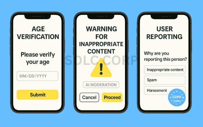 Three smartphone screens demonstrating features that ensure user safety and regulatory compliance in a social app. The first screen displays an age verification prompt with a numeric input field for entering date of birth and a 'Verify' button, enforcing age-appropriate access. The second screen shows a pop-up warning message over chat content, labeled with an 'AI moderation' badge, notifying users of detected inappropriate behavior. The third screen presents a reporting interface where users can select reasons like harassment or spam, accompanied by visible compliance badges including GDPR and COPPA, reinforcing the app's commitment to privacy and legal standards.