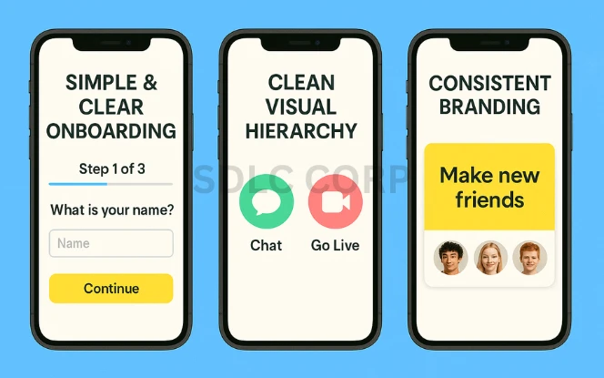 Three smartphone screens demonstrating best practices in UI and UX design. The first screen presents a clear onboarding process with a visual progress bar at the top, a welcome message, and a bold yellow 'Continue' button. The second screen emphasizes visual hierarchy, showing cleanly arranged chat and video icons with distinct labels to aid quick user recognition. The third screen focuses on branding and accessibility, using a consistent yellow-and-black color scheme, high-contrast text, and large, legible font styles for improved readability across devices. The overall design reflects clarity, consistency, and user-centric layout.