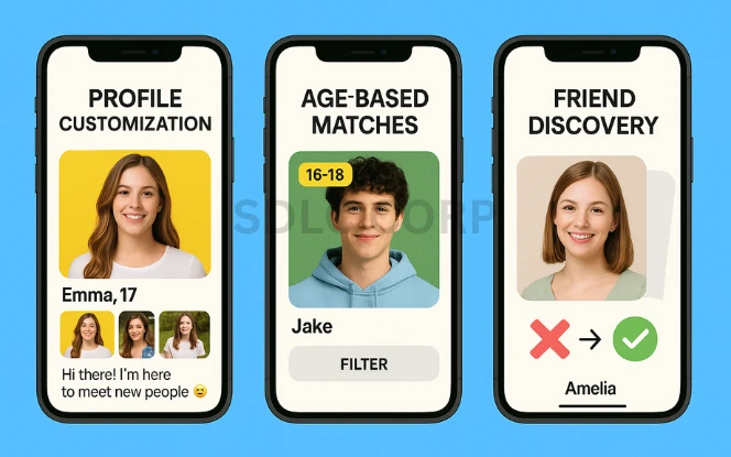 Three smartphone screens depicting core features of a social discovery app. The first screen shows a user profile customization page with a circular profile picture, editable name and bio fields, and options to add more photos. The second screen highlights an age-based match filter with a slider for selecting an age range and a filtered list of user cards based on selected criteria. The third screen displays a swipe-based interface for friend discovery, featuring large profile cards that can be swiped left or right, with animated icons for 'Like' and 'Skip' to guide user interaction.