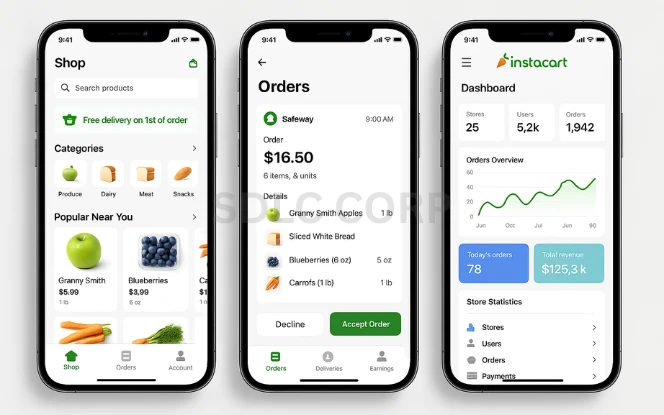 Understanding the Business Model of Instacart Illustration showing Instacart's business model with a customer ordering groceries via mobile app, a shopper fulfilling the order, and a delivery vehicle transporting goods
