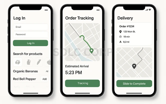 Key Features That Define a Grocery Delivery App Visual representation of key features in a grocery delivery app including user login, product search, real-time tracking, and admin dashboard
