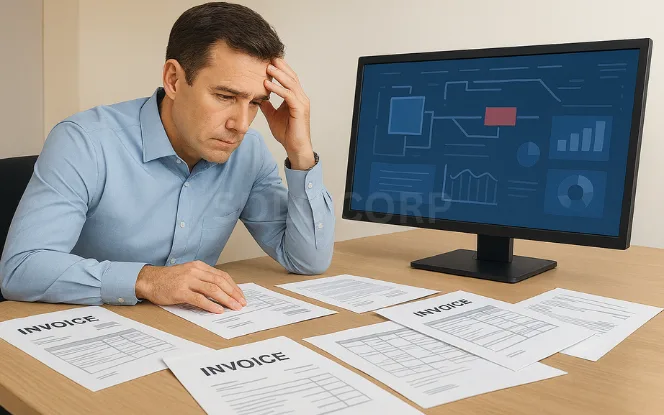 Business professional analyzing current invoice management workflow to identify inefficiencies and areas for improvement.