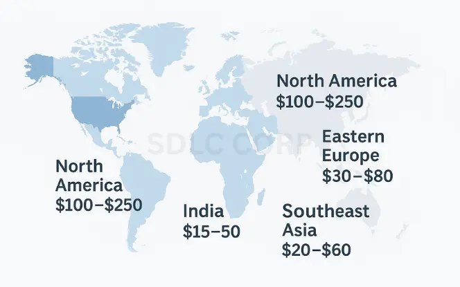 Development Team and Location Impact on Cost Visual representation of how the development team size, expertise, and geographic location—such as North America, Eastern Europe, or Asia—affect app development cost