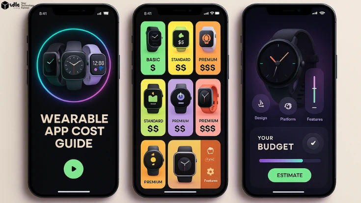 Three smartphone screens displaying wearable app UI with cost tiers, onboarding, and feature dashboard on a light beige background