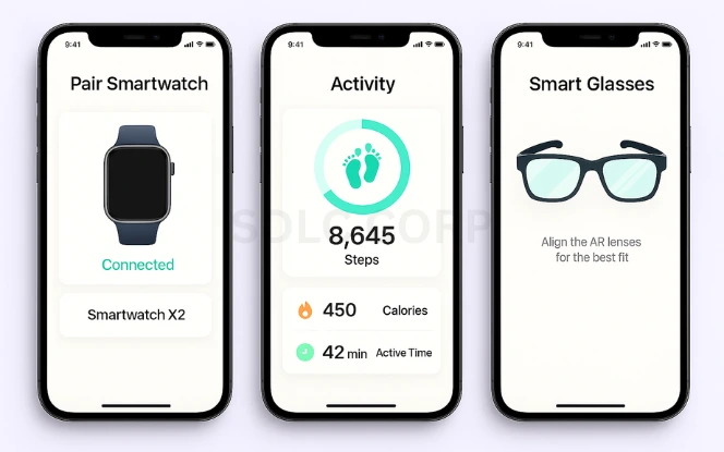 Types of Wearable Devices Three mobile screens displaying smartwatch pairing, fitness tracker dashboard, and smart glasses setup interface