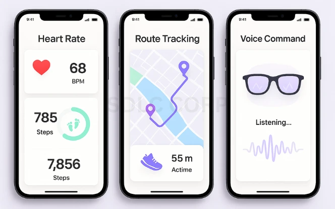 Key Features That Affect Cost Three mobile screens showing heart rate tracking, GPS route mapping, and a voice command interface with waveform animation
