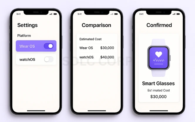 Platform Choice Three mobile screens showing platform selection toggles for Wear OS and watchOS, with comparison and confirmation UI elements