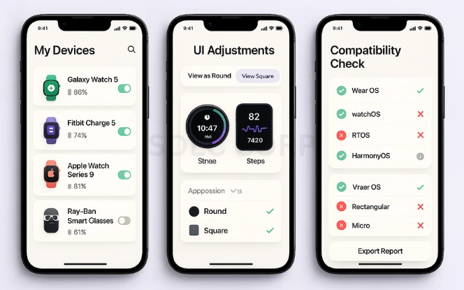 Device Compatibility Three mobile screens showing compatibility features: device selection toggles, UI previews for multiple screen types, and a compatibility test results screen