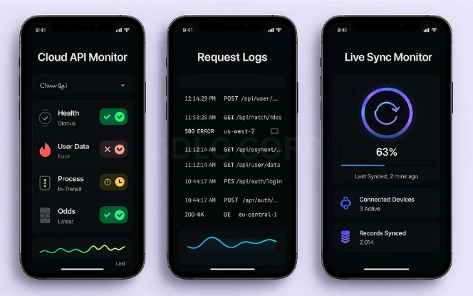 Backend Infrastructure Three mobile screens displaying cloud API status, backend activity logs, and real-time data synchronization progress