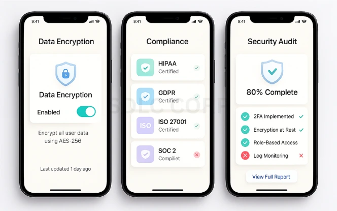 Security Measures Three mobile screens showing data encryption toggle, compliance badges like HIPAA and GDPR, and a security audit checklist with completion status