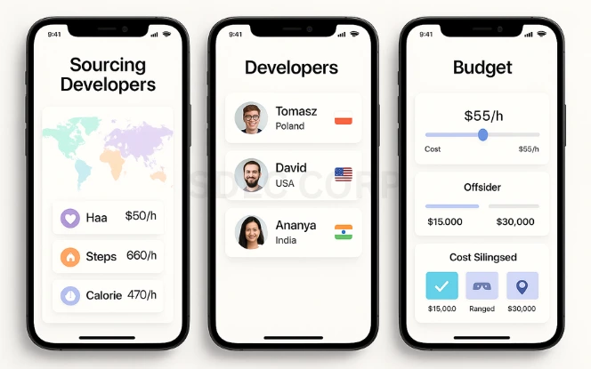 Developer Location Three mobile screens displaying a global map with hourly rates, developer profiles by region with country flags, and a cost comparison chart for offshore and onshore teams