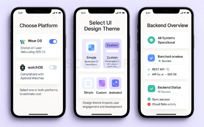 Wearable App Cost Estimation by Complexity Three mobile screens showing cost estimation tiers: Basic app with checklist, Mid-Level app with feature highlights, and Advanced app with AI and AR modules