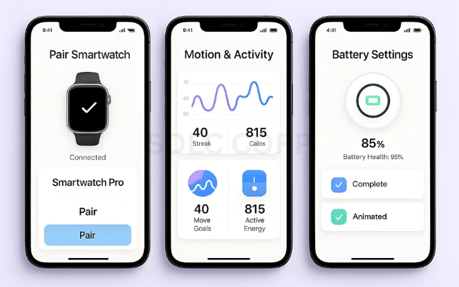 Smartwatch App Development Cost Breakdown Three mobile screens displaying smartwatch pairing interface, motion tracking graphs, and battery optimization settings for smartwatch apps