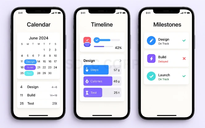 Timeline for Development Three mobile screens showing a development calendar, Gantt chart with task phases, and milestone tracker with completion indicators