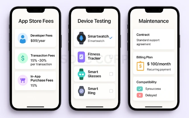 Hidden Costs to Consider Three mobile screens displaying app store fee breakdown, device testing checklist, and maintenance contract with billing plans